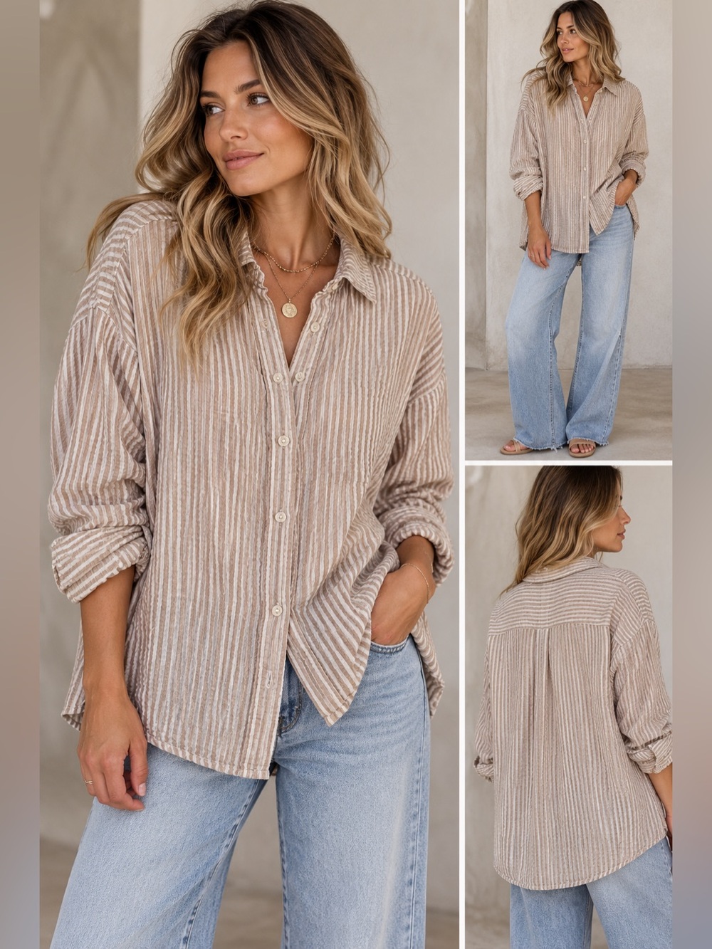 Lou & Grey Beige and White Striped Button-Down Shirt